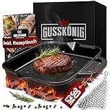 GUSSKÖNIG Gusseisenpfanne - 30cm Pfanne Gusseisen - Grillpfanne Induktion - Eingebrannte Gusseisen-Pfanne - Cast Iron Pan - Robuste Gusspfanne + Edels